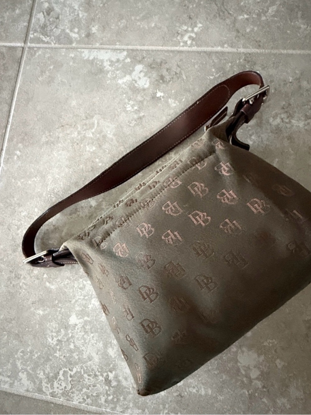 Vintage Dooney & Bourke Olive Monogram Hobo with Brown Leather Strap